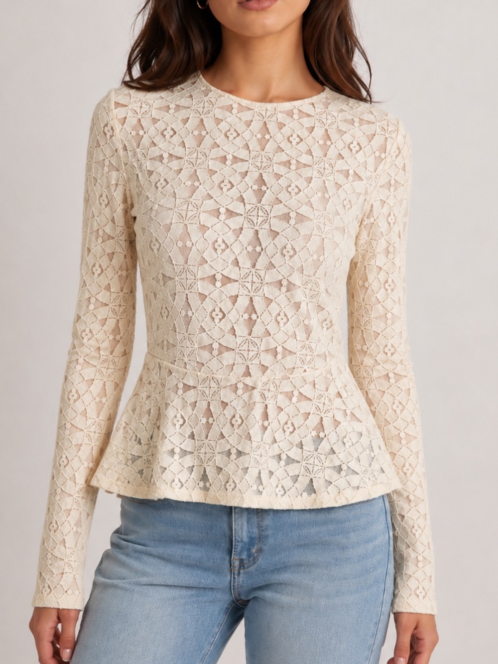 BCBGMaxAzria Cream Peplum lined laser cut blouse